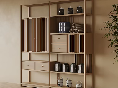 Minimalist Wooden Etagere With Drawers Compartments Jars Books And Tea Sets 3d model