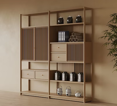 Minimalist Wooden Etagere With Drawers Compartments Jars Books And Tea Sets 3d model