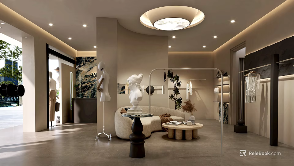 Stylish Modern Clothing Store Interior Design With Clothing Racks Mannequins And Decorative Sofa 3d model 