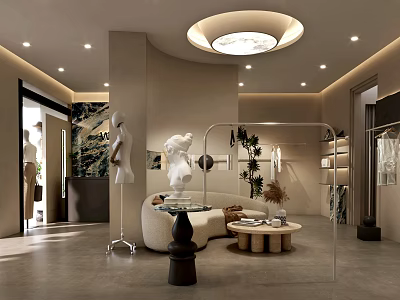 Stylish Modern Clothing Store Interior Design With Clothing Racks Mannequins And Decorative Sofa 3d model