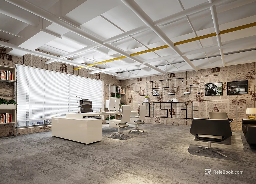 Modern Office Interior With Desk Chairs Bookshelves Large Window And Wall Decor 3d model 
