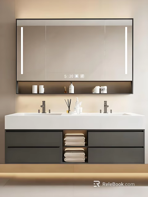 Modern Bathroom Vanity Set With Double Sinks Illuminated Mirror Storage Cabinets And Towels 3d model 