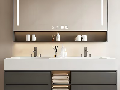 Modern Bathroom Vanity Set With Double Sinks Illuminated Mirror Storage Cabinets And Towels 3d model