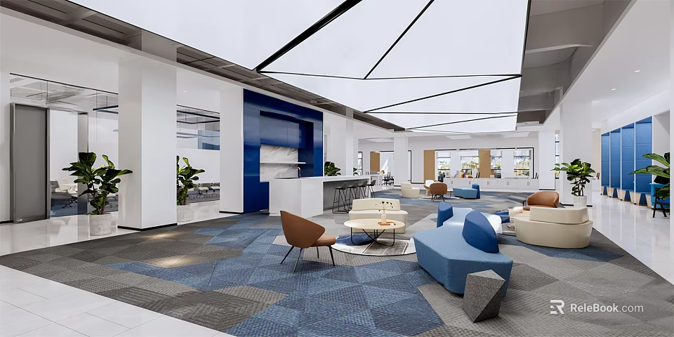Modern Break Room Interior With Blue White Decor Sofas Chairs And Coffee Tables 3d model