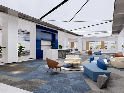 Modern Break Room Interior With Blue White Decor Sofas Chairs And Coffee Tables 3d model