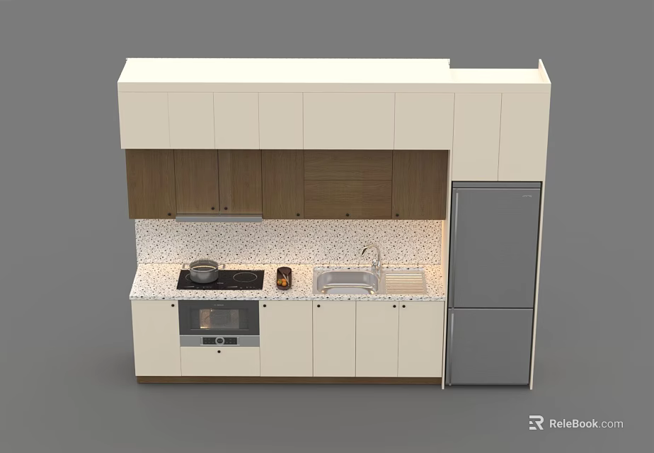 Modern Kitchen With White And Wooden Cabinets Stove Sink Refrigerator And Polka Dot Counter 3d model 