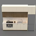 Modern Kitchen With White And Wooden Cabinets Stove Sink Refrigerator And Polka Dot Counter