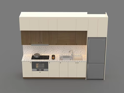 Modern Kitchen With White And Wooden Cabinets Stove Sink Refrigerator And Polka Dot Counter 3d model
