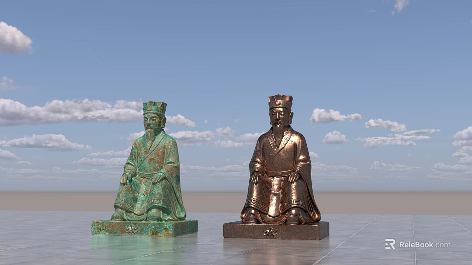 Landscape Sculptures Two Seated Ancient Figures in Traditional Attire Against Blue Sky And Smooth Platform 3d model 