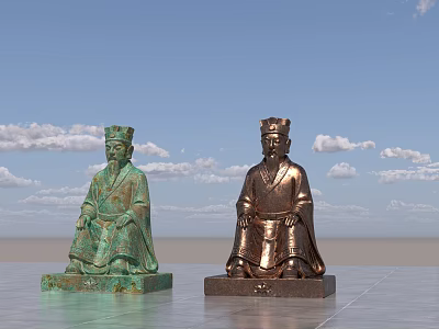 Landscape Sculptures Two Seated Ancient Figures in Traditional Attire Against Blue Sky And Smooth Platform 3d model