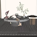 Modern Coffee Table With Marble Top Black Base And Side Table Green Plant Decorative Items