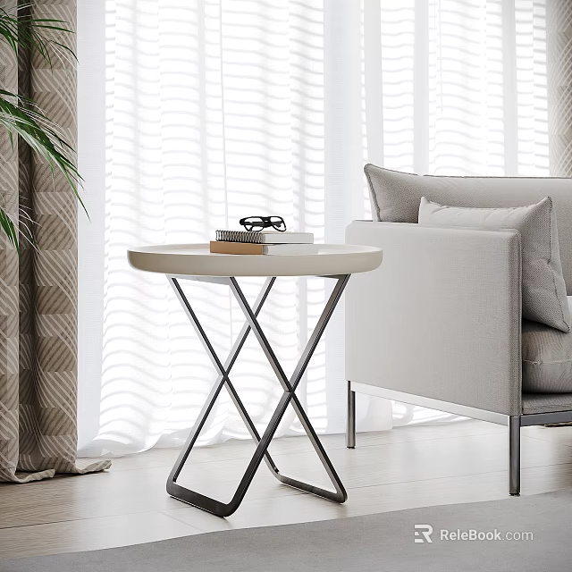 Modern Side Table with Round Top Cross Metal Frame Sofa Blinds and Curtains 3d model 