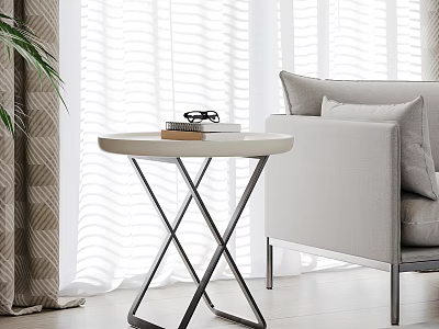 Modern Side Table with Round Top Cross Metal Frame Sofa Blinds and Curtains 3d model