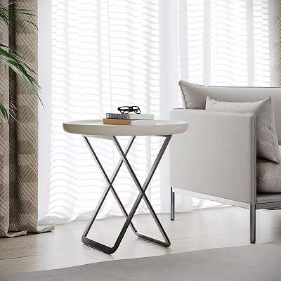 Modern Side Table with Round Top Cross Metal Frame Sofa Blinds and Curtains 3d model