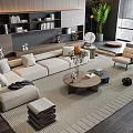 Modern Beige Sofa With Wooden Coffee Table In Living Room Featuring Textured Rug And Bookshelf