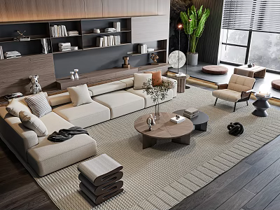 Modern Beige Sofa With Wooden Coffee Table In Living Room Featuring Textured Rug And Bookshelf 3d model