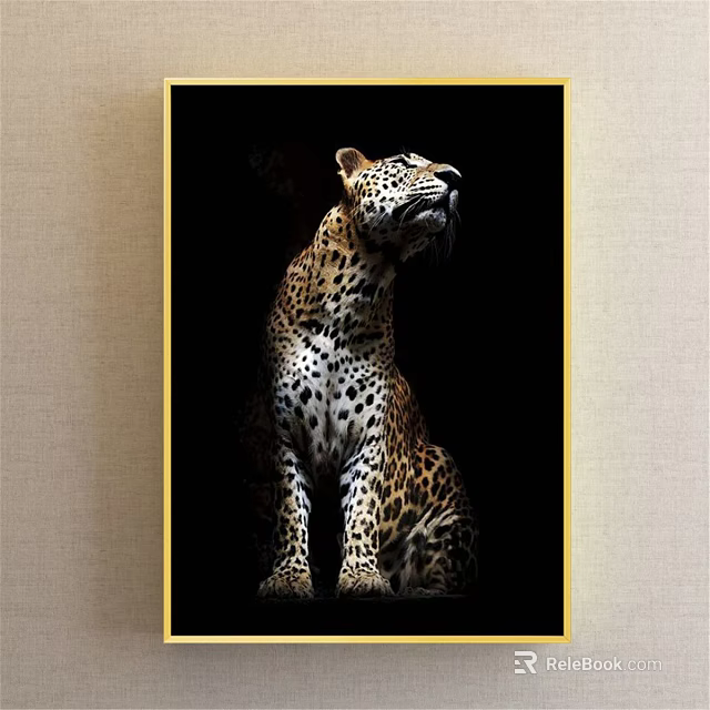 Detailed Realistic Leopard Animal Painting With Spotted Fur Sitting And Looking Up On Black Background 3d model 