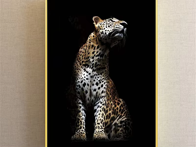 Detailed Realistic Leopard Animal Painting With Spotted Fur Sitting And Looking Up On Black Background 3d model