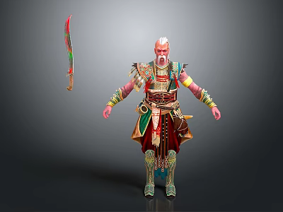 Man In Ornate Traditional Warrior Outfit Standing With Decorated Sword 3d model