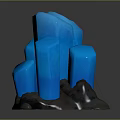 Three Blue Glowing Crystal Formations With Gray Rocks On Black Reflective Surface 3d model