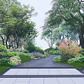 Garden Landscape Design With Diverse Trees Shrubs Stone Path And Rock Features 3d model