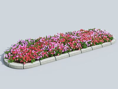 Decorative Roadside Flower Bed With Stone Border And Colorful Pink Purple Flowers 3d model