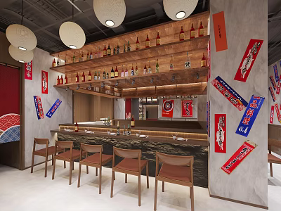 Modern Restaurant Interior With Wooden Bar Counter Hanging Pendant Lights Wine Bottles And Decorative Posters 3d model