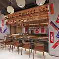 Modern Restaurant Interior With Wooden Bar Counter Hanging Pendant Lights Wine Bottles And Decorative Posters