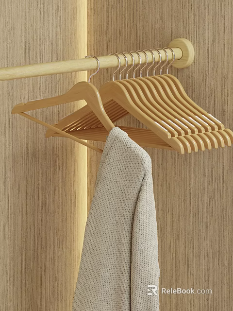 Organized Walk-in Closet Interior With Wooden Hangers Hanging Gray Knit Sweater And Wooden Cabinet 3d model 