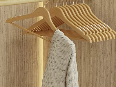 Organized Walk-in Closet Interior With Wooden Hangers Hanging Gray Knit Sweater And Wooden Cabinet 3d model