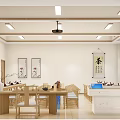 School Classroom Learning Space With Long Tables Chairs Large Screen Calligraphy Works And Plants