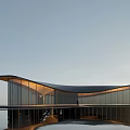 Modern Sales Office Building With Curved Roof Glass Curtain Wall Water Pool Reflection And Sunset
