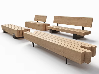 Outdoor Modern Landscape Benches With Wooden Slats And Metal Legs 3d model