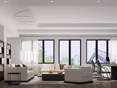 Modern Open Concept Office Interior With White Sofa Floor to Ceiling Windows Desk and Bookshelf 3d model