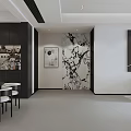 Modern Living Dining Room Interior With Black Sofa White Rug Floor Lamp And Abstract Painting