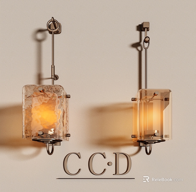 Two Modern Wall Lamps With Transparent Textured Shades And Warm Yellow Glow 3d model 