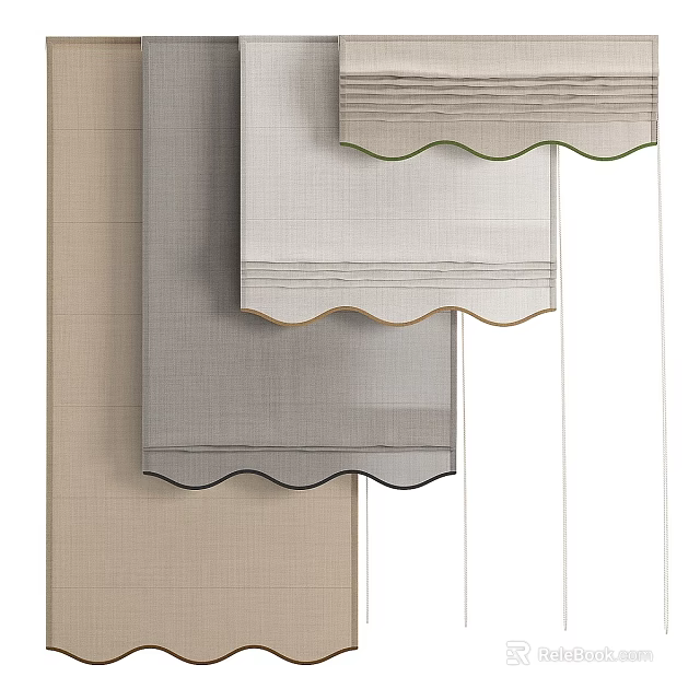 Fabric Window Blinds With Scalloped Edges In Beige Grey And White Tones For Interior Decoration 3d model 