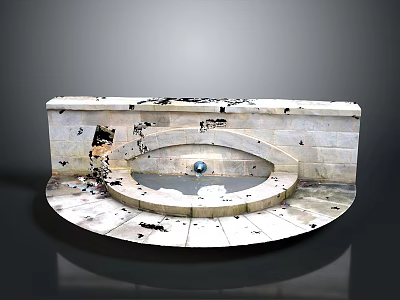 Weathered Stone Circular Basin Structure with Central Sphere and Scattered Cracked Fragments 3d model