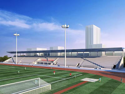 Outdoor Stadium Featuring Green Turf Football Field Track And Spectator Stands With Floodlight Poles 3d model