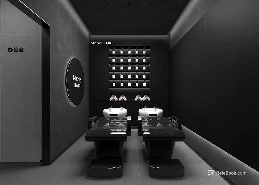 Modern Ness Hair Salon Interior With Black Hair Stations White Sinks And Product Shelves 3d model 