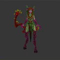 Fantasy Game and Movie Character With Red Horns Green Body Glowing Decorations and Plant Bow