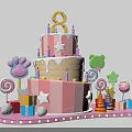 Colorful 8th Birthday Cake With Star Frosting Lollipops Paw Prints Gift Boxes And Party Hat