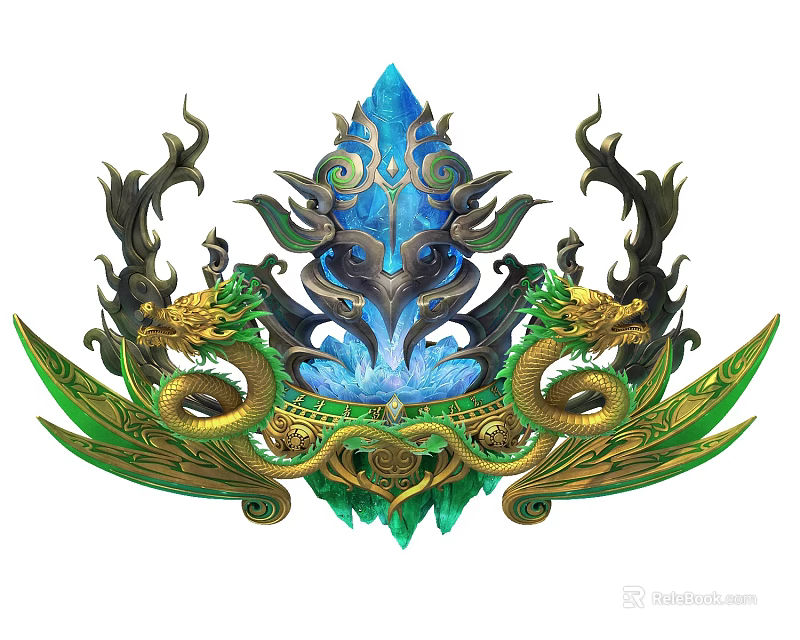 Ornate Weapon With Golden Dragons Serpent Designs Blue Gemstone Green And Gold Accents 3d model 