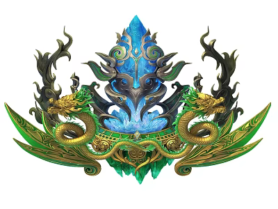 Ornate Weapon With Golden Dragons Serpent Designs Blue Gemstone Green And Gold Accents 3d model