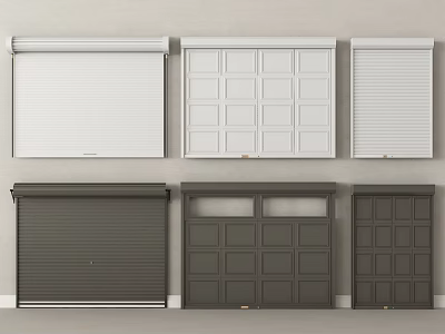 Security Garage Doors Displaying Various White And Dark Gray Roll Up Paneled Louvered Window Designs 3d model