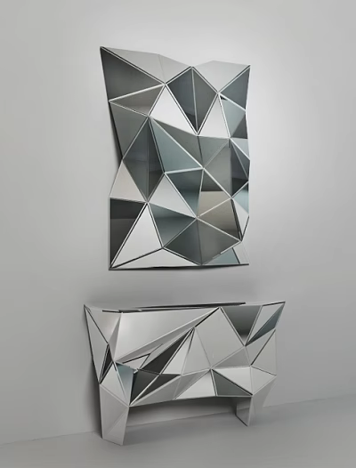 Contemporary Entryway Cabinet And Side Cabinet With Geometric Mirrored Metal Design 3d model