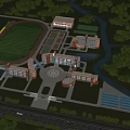 Modern School Buildings on Campus with Sports Field Greenery and River View