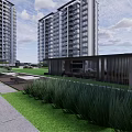 Modern High Rise Residential Landscape With Street Entrance Car And Trees