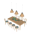 Stylish Dining Table Set With Long Wooden Table Chairs Pendant Lights And Green Tableware