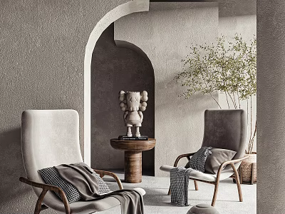 Neutral Tones Lounge Chairs With Throw Blankets Arched Doorway Potted Plant And Round Side Table 3d model